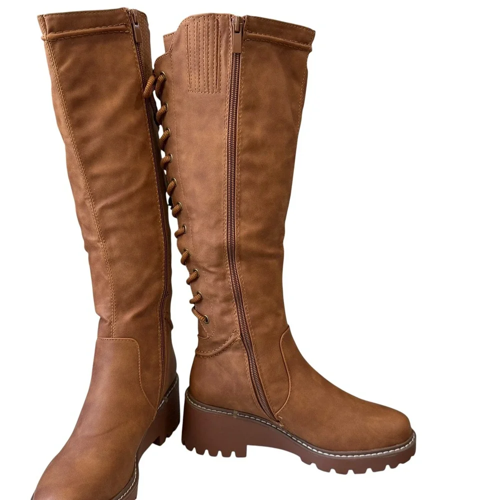 Forever Womens Knee High Combat Boots Brown Lace Up Lug Sole Side Zip Size 6
